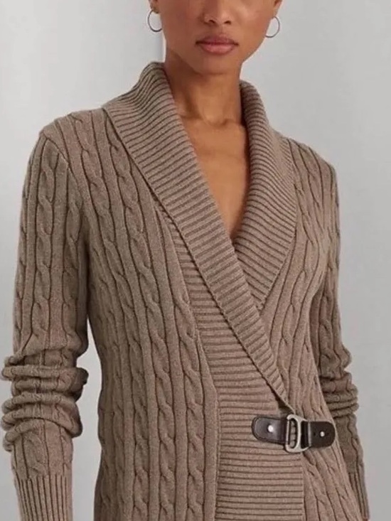 Ralph Lauren Sweaters - Lauren Ralph Lauren Cable-Knit Shawl Collar Buckled Cardigan Sweater - Taupe